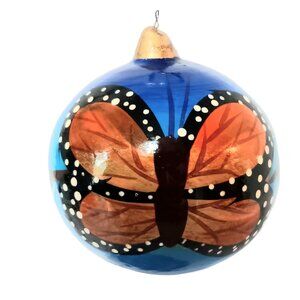 Hand Painted Monarch Butterfly Wood Ornament Mexico Folkart Blue And Orange